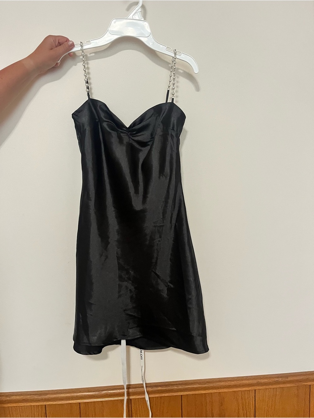 Lucy in the Sky Black Satin Mini Dress with Pearl Straps